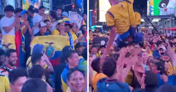 Torcedores equatorianos tomam conta da Times Square com comemorações após se classificarem para as oitavas de final da Copa do Mundo da FIFA ao derrotar a Alemanha