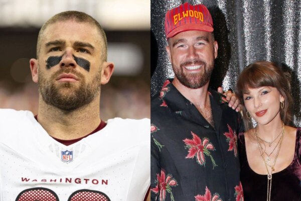Zach Ertz tem um pedido para Travis Kelce e Taylor Swift durante a Copa do Mundo FIFA