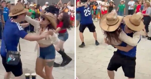 Torcedor japonês levanta mulher mexicana e dança com ela depois de chegar a Monterrey para o confronto da Copa do Mundo da FIFA contra a Tunísia, vídeo se torna viral no X