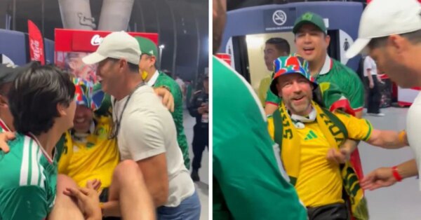 Torcedores do México jogam torcedores da África do Sul para o alto enquanto comemoram a qualificação de ambas as seleções para as oitavas de final da Copa do Mundo da FIFA