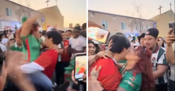 Mulher mexicana sobe em torcedor sul-coreano e o beija durante comemorações selvagens após confronto da Copa do Mundo da FIFA em Guadalajara