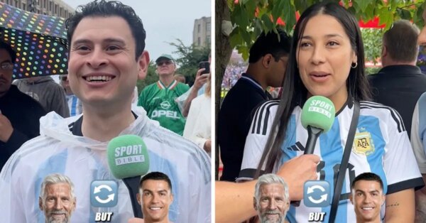 Os torcedores argentinos reagem quando questionados se estão bem com a vitória de Cristiano Ronaldo na Copa do Mundo FIFA de 2026, se isso significasse que Lionel Messi jogaria mais 10 anos